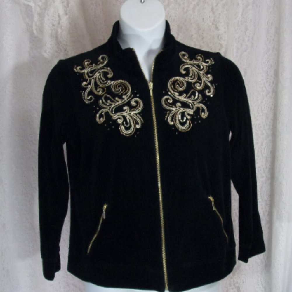 Chico's Black Velvet Gold Trim Jacket NWOT Size 1 (8/10)